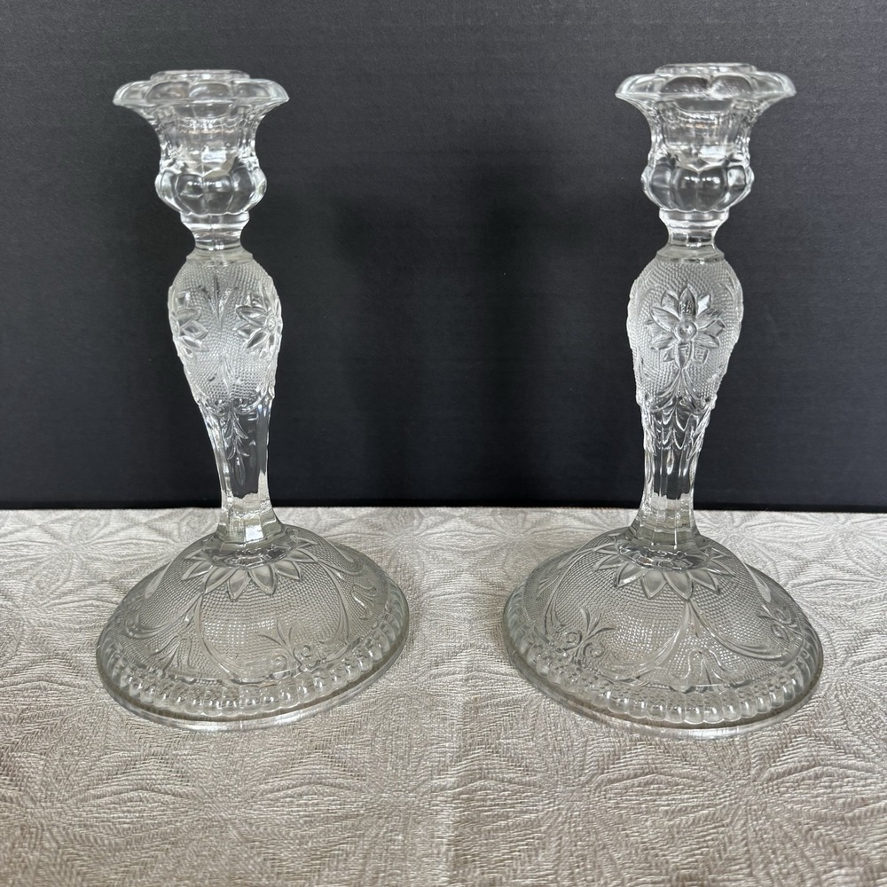 Pair Of Sandwich Clear Depression Glass Candlesticks By Indiana Glass 8 1/2"